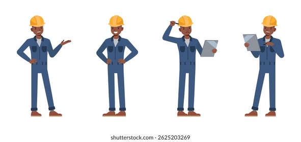 Male worker wearing blue jumpsuit working character vector illustration design set. Man thinking holding clipboard and presentation. - Powered by Shutterstock - Get 15% off with code: PIKWIZARD15