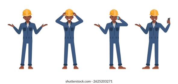 Male worker wearing blue jumpsuit working character vector illustration design set. Man with negative emotions and talk on phone.