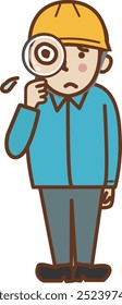 A male worker wearing a hat and an anxious face holding a magnifying glass.