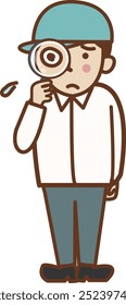 A male worker wearing a hat and an anxious face holding a magnifying glass.