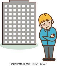 A male worker wearing a hat with his arms crossed in front of the building and thinking.
