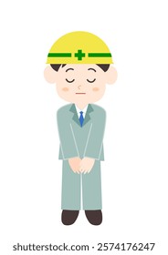 Male worker wearing a helmet bowing. Vector illustration. Construction worker, site supervisor, engineer, etc. White background.