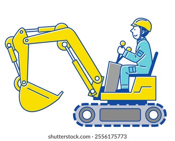 A male worker wearing a helmet and driving an excavator