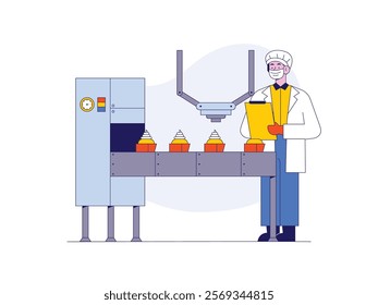 A male worker wearing a mask and headcap checking the production of a cake, operated by a machine. Character design. Vector flat illustration
