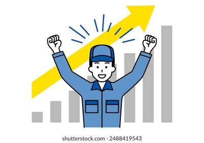 Male worker who is happy with his hands raised and a growing graph