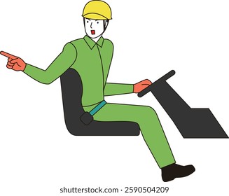 A male worker who is an operator in the driver's seat. Checking safety by pointing