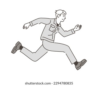 Trabajador masculino vestido con ropa de trabajo saltando alegremente con una sonrisa [ilustración vectorial].