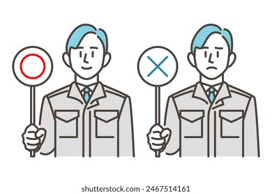A male worker in work clothes holding a stick with correct and incorrect marks on it [Vector illustration material]