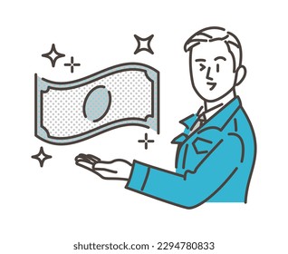 Male worker in work clothes smiling in front of money [Vector illustration].