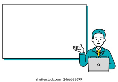 A male worker working on a laptop explaining on a whiteboard