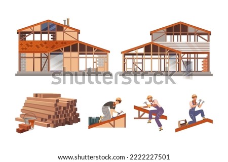 Male workers building cottages set. Building and construction industry vector illustration