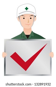 Male workers with a checked board