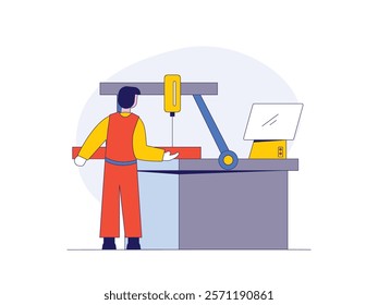 Male workers are cutting using tools. With safety in industry. Design character. Vector flat illustration