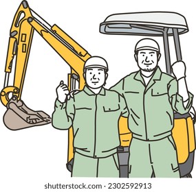 Male workers doing a guts pose at the construction site
