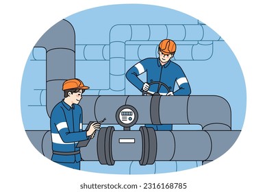 Male workers in uniform inspect and maintain water tubes and pipes. Mechanics control pipeline work, use measuring tools and equipment. Flat vector illustration.