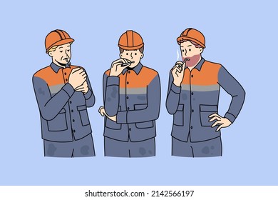 Male Workers In Uniforms Smoking Cigarette Outdoors. Men Builders At Work Have Job Break At Construction Site At Special Smoke Place. Bad Habit. Vector Illustration, Cartoon Character. 