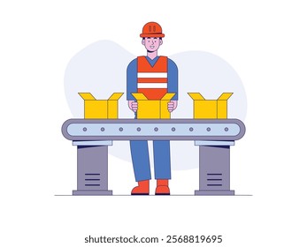 Male workers wearing uniforms and safety helmets, the packing industry. Character design. Vector flat illustration