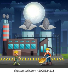 Male workers are working at night