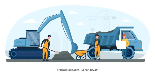 Male workers in yellow overalls remove soil with shovel and wheelbarrow. Construction machinery, excavator work on foundation. Concept of road repair. Flat cartoon vector illustration