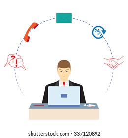 Male  working in a call center. Call center. Support service. Concept, illustration, elements for design.