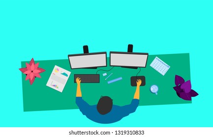 male working front of two monitor screen.vector illustration eps10