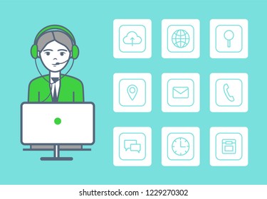 Male working with headphones and isolated icons vector. Laptop and online work, support service for clients, location and time signs. Cloud and globe