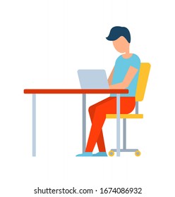 Male working in internet technologies field vector, person with laptop typing info, isolated male in flat style. Modern worker concentrated on job