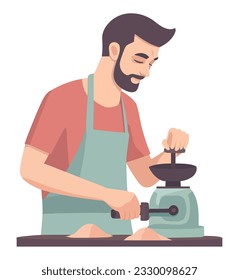 Male working in kitchen over white