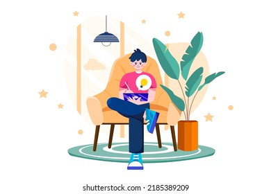 Hombre trabajando en la idea creativa de una tableta Concepto de ilustración sobre fondo blanco