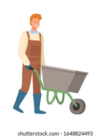 Male working on farm vector, isolated person with metal cart, man pushing empty container with nothing in it, agriculture and husbandry, harvesting