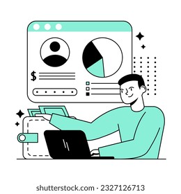 Male working on laptop, using online banking. Simple financial management. Successful payment. Control over costs and profits. Reliable deposit, profitable interest. Flat vector illustration