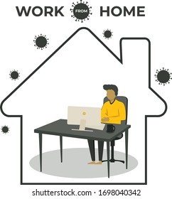 Male works on PC at home. Stay home, stay safe. Work from home.