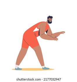 Male wrestler in costume for competition. Greco roman wrestling or sambo fighter ready for fight. Martial arts and traditional sports concept. Cartoon flat vector illustration