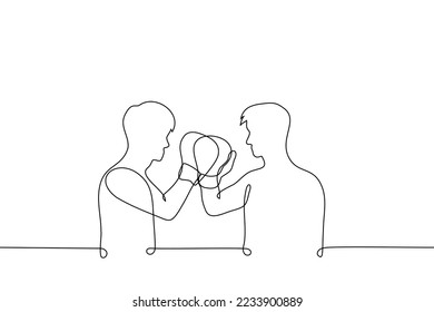 male wrestlers in boxing gloves beat hands in a greeting gesture - one line drawing vector. concept two sports rivals greet each other respectfully or finish the fight