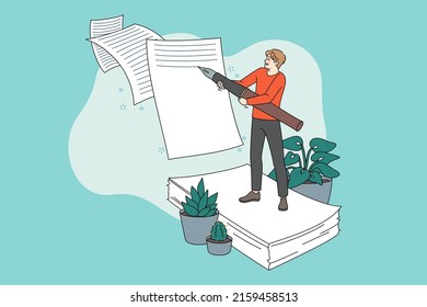 Male writer with huge pen writing on paper finishing fiction book. Man author creating novel, note handwrite on paperwork. Concept of literature creation. Vector illustration. 