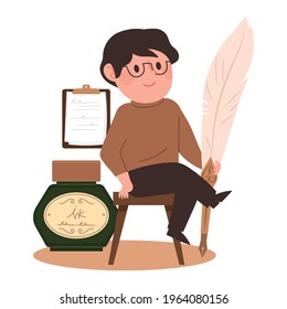 A male writer is sitting with a large quill. Writer character vector illustration.