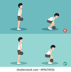 Male wrong and right deadlift posture,vector illustration