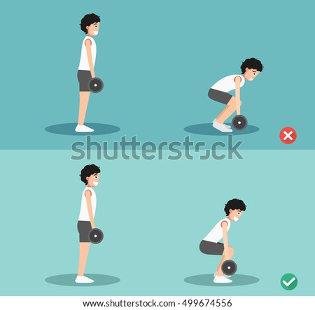 Male wrong and right deadlift posture,vector illustration
