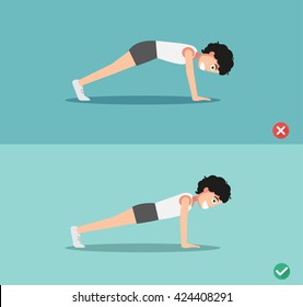 Male wrong and right plank posture,vector illustration