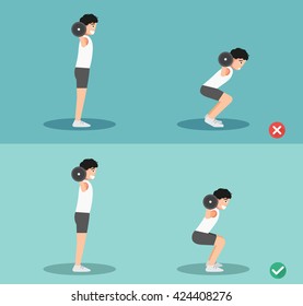 Male wrong and right squat posture,vector illustration