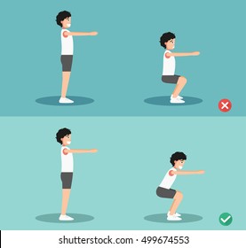 Male Wrong And Right Squat Posture,vector Illustration