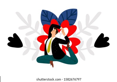Male yoga. Businessman does yoga exercises. Keep calm, meditation and relaxation for creative thinking vector illustration