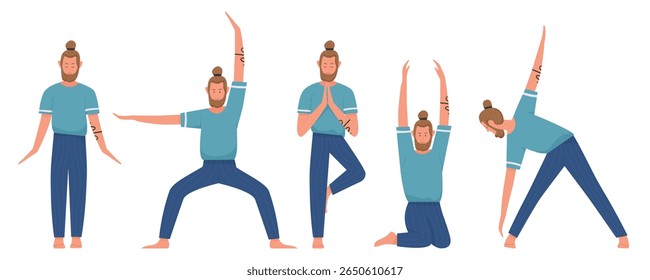 Male yoga instructor performing five different yoga poses for exercise, fitness, and wellness concepts, perfect for health blogs, posters, or educational materials isolated on white background vector