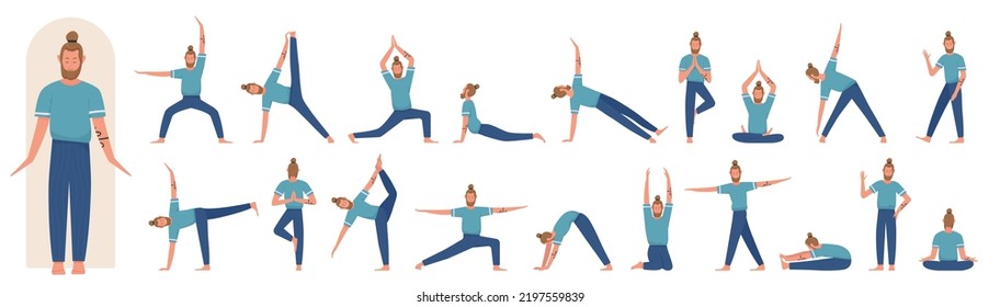 Male yoga trainer poses in front, side and back view, pilates workout set vector illustration. Cartoon funny instructor training, active man showing asanas and meditation on lessons isolated on white