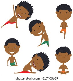 Male yoga vector collection. Handsome boys doing fitness exercises. Gymnastics for kids. African-American man in various workout poses. Sport healthy lifestyle.