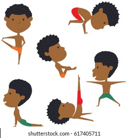 Male yoga vector collection. Handsome boys doing fitness exercises. Gymnastics for kids. African-American man in various workout poses. Sport healthy lifestyle.