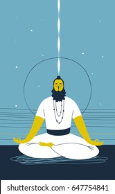 Male yogi with beard sits cross legged and meditates against abstract blue background with lines and circle. Concept of mental wellness and spiritual growth. Vector illustration for website, banner.