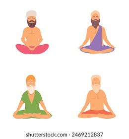 Male yogi icons set cartoon vector. Meditating man in yoga lotus pose. Culture and tradition