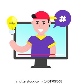 Male young boy blogger on the video screen. Social media videoblogging do some content on the video site flat style design vector illustration isolated on white background. Social marketing tutorial.