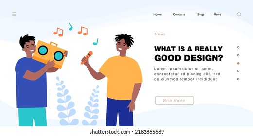 Male young friends singing fun duet song with loud voice. Boys holding boombox and microphone flat vector illustration. Music, karaoke, youth concept for banner, website design or landing web page